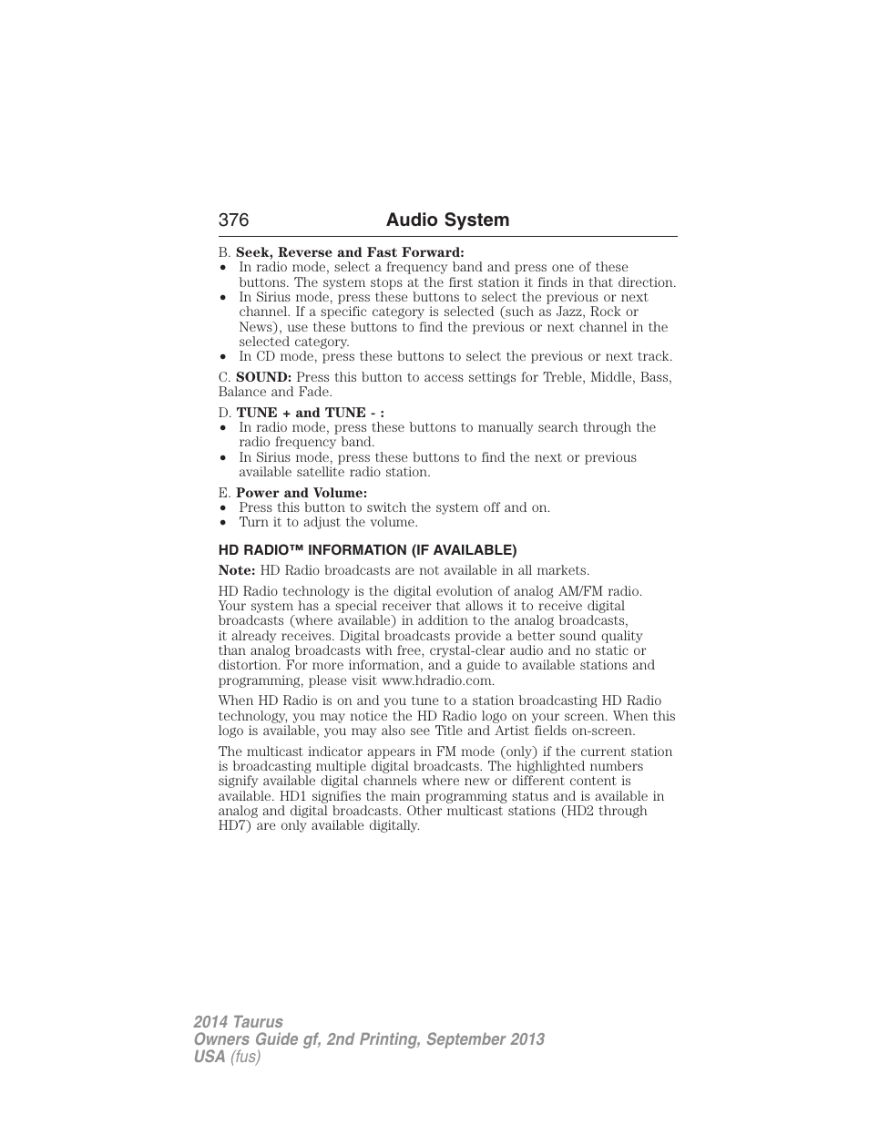Hd radio™ information (if available), 376 audio system | FORD 2014 Taurus v.2 User Manual | Page 377 / 554