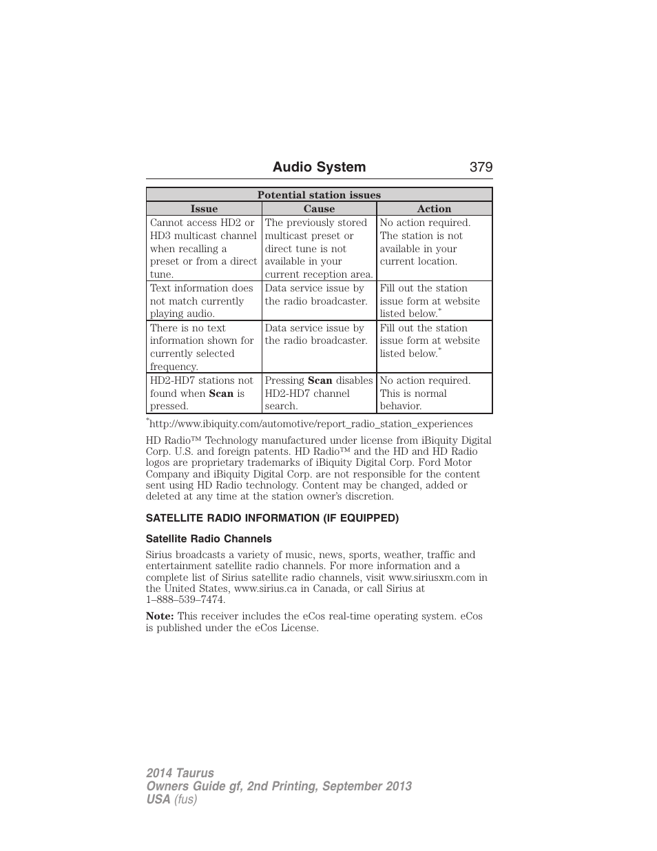 Satellite radio information (if equipped), Satellite radio channels, Satellite radio information | Audio system 379 | FORD 2014 Taurus v.2 User Manual | Page 380 / 554