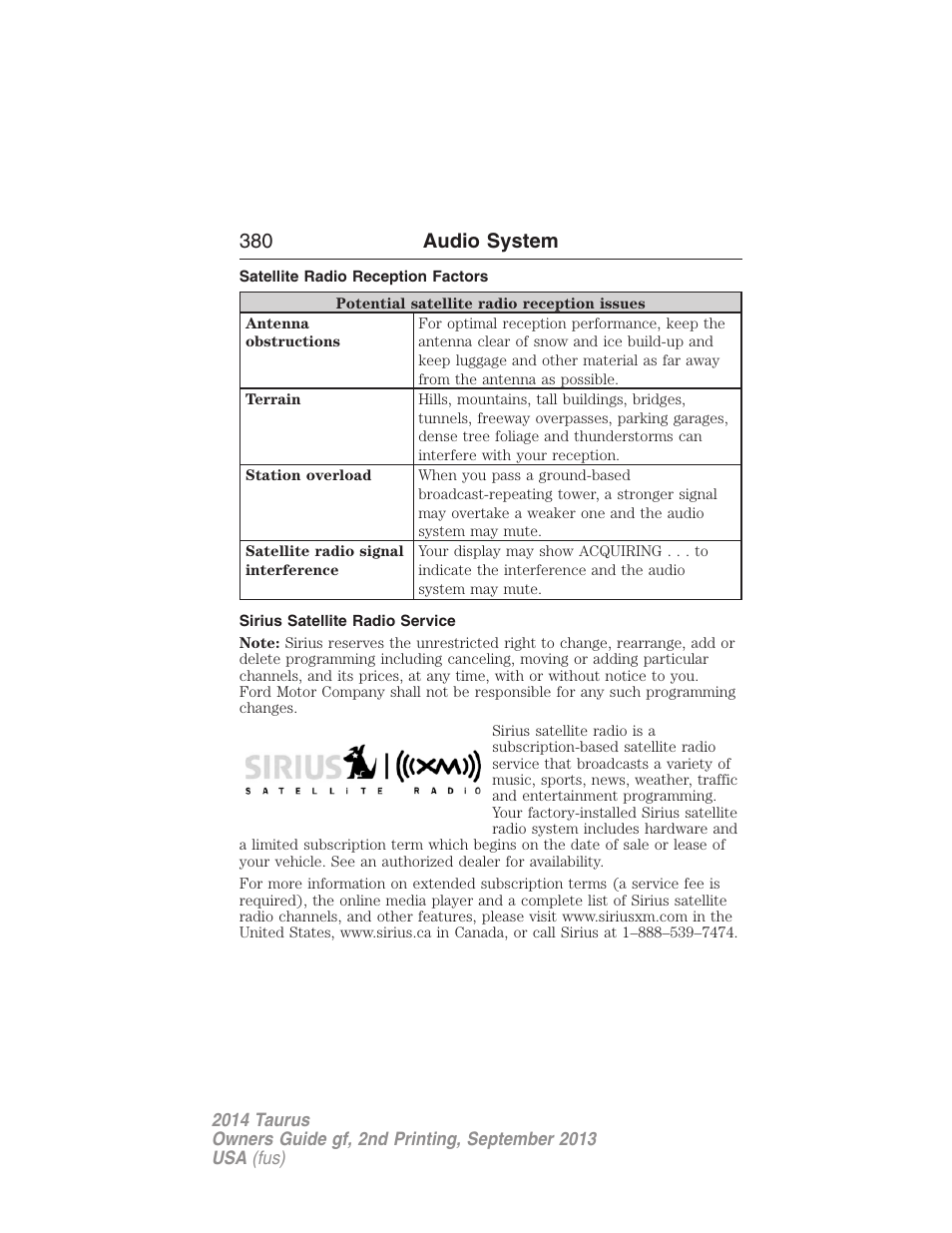 Satellite radio reception factors, Sirius satellite radio service, 380 audio system | FORD 2014 Taurus v.2 User Manual | Page 381 / 554