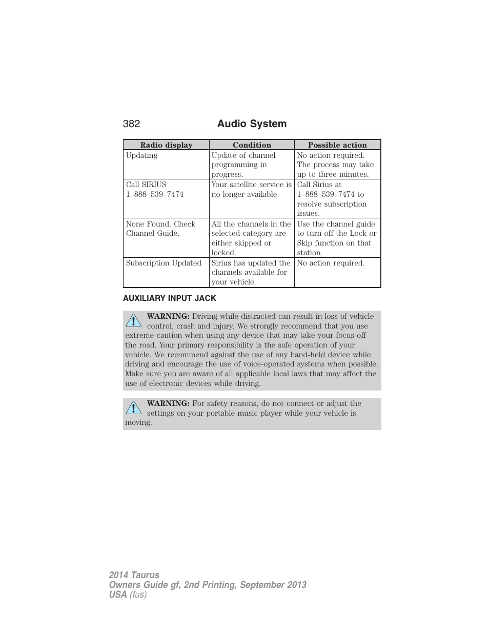 Auxiliary input jack, 382 audio system | FORD 2014 Taurus v.2 User Manual | Page 383 / 554