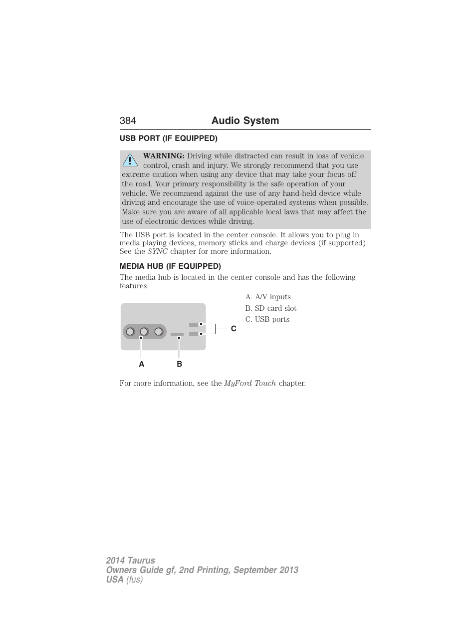 Usb port (if equipped), Media hub (if equipped), Usb port | 384 audio system | FORD 2014 Taurus v.2 User Manual | Page 385 / 554