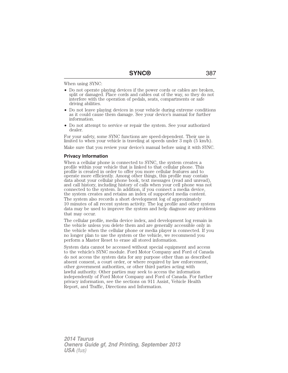 Privacy information, Sync® 387 | FORD 2014 Taurus v.2 User Manual | Page 388 / 554