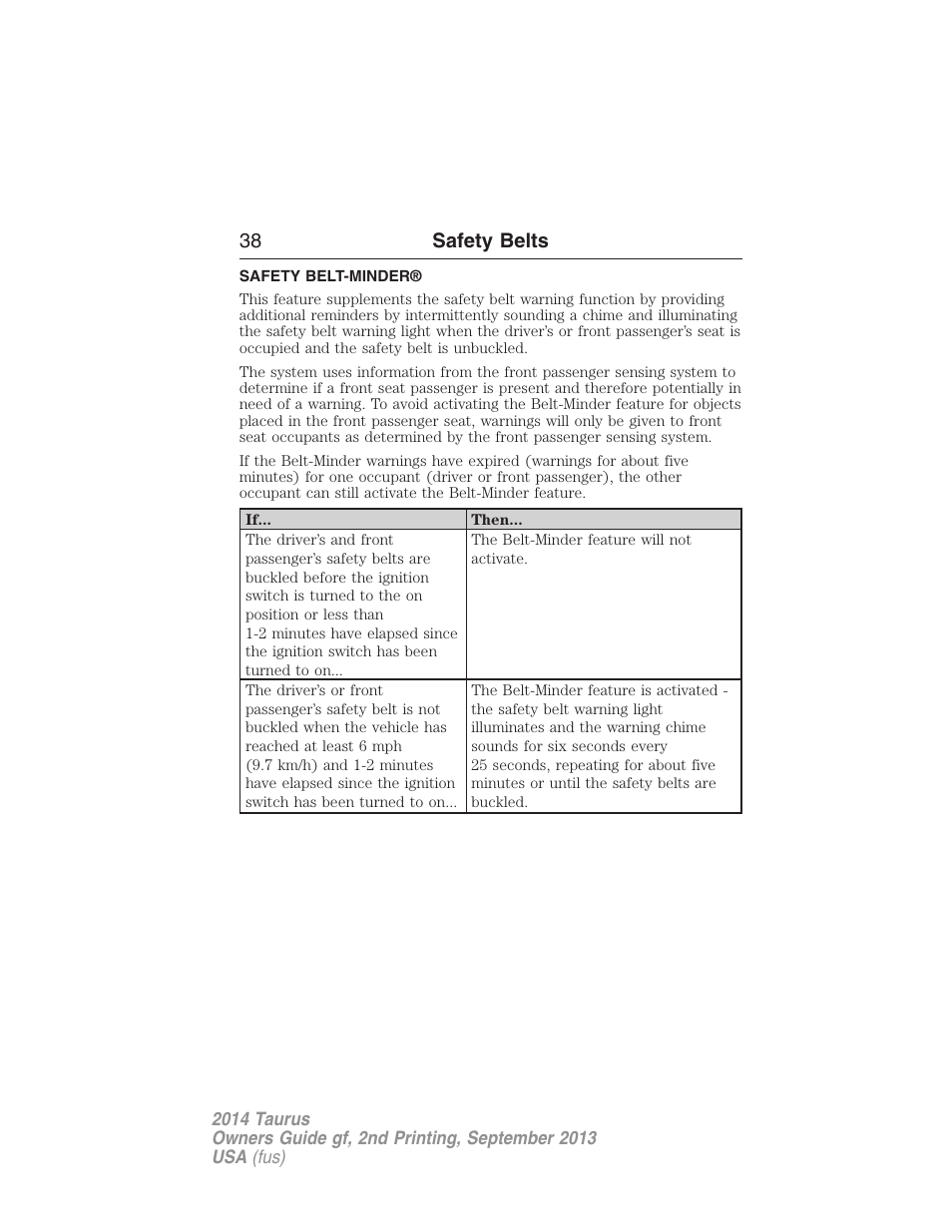 Safety belt-minder, 38 safety belts | FORD 2014 Taurus v.2 User Manual | Page 39 / 554