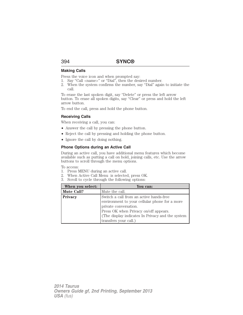 Making calls, Receiving calls, Phone options during an active call | 394 sync | FORD 2014 Taurus v.2 User Manual | Page 395 / 554