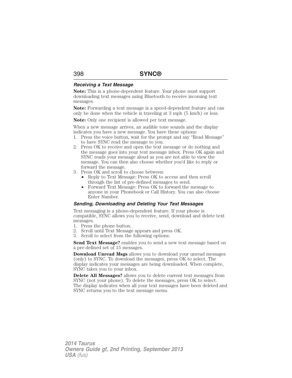 Receiving a text message, 398 sync | FORD 2014 Taurus v.2 User Manual | Page 399 / 554