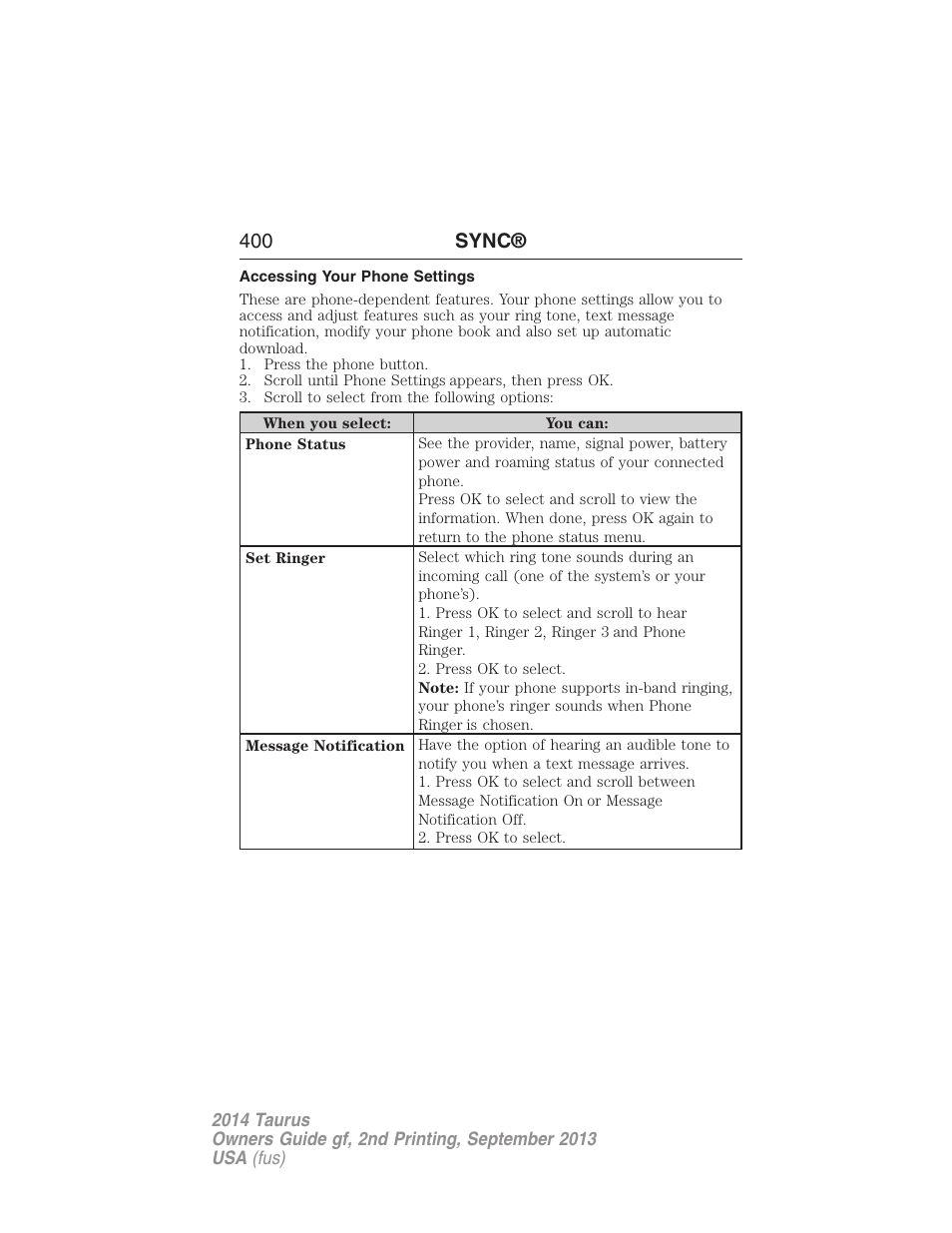 Accessing your phone settings, 400 sync | FORD 2014 Taurus v.2 User Manual | Page 401 / 554