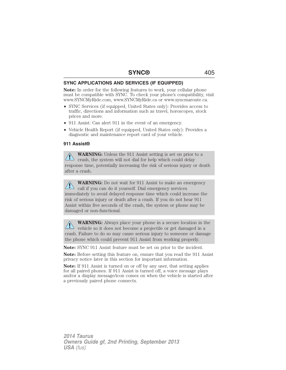 Sync applications and services (if equipped), 911 assist, Sync® 405 | FORD 2014 Taurus v.2 User Manual | Page 406 / 554