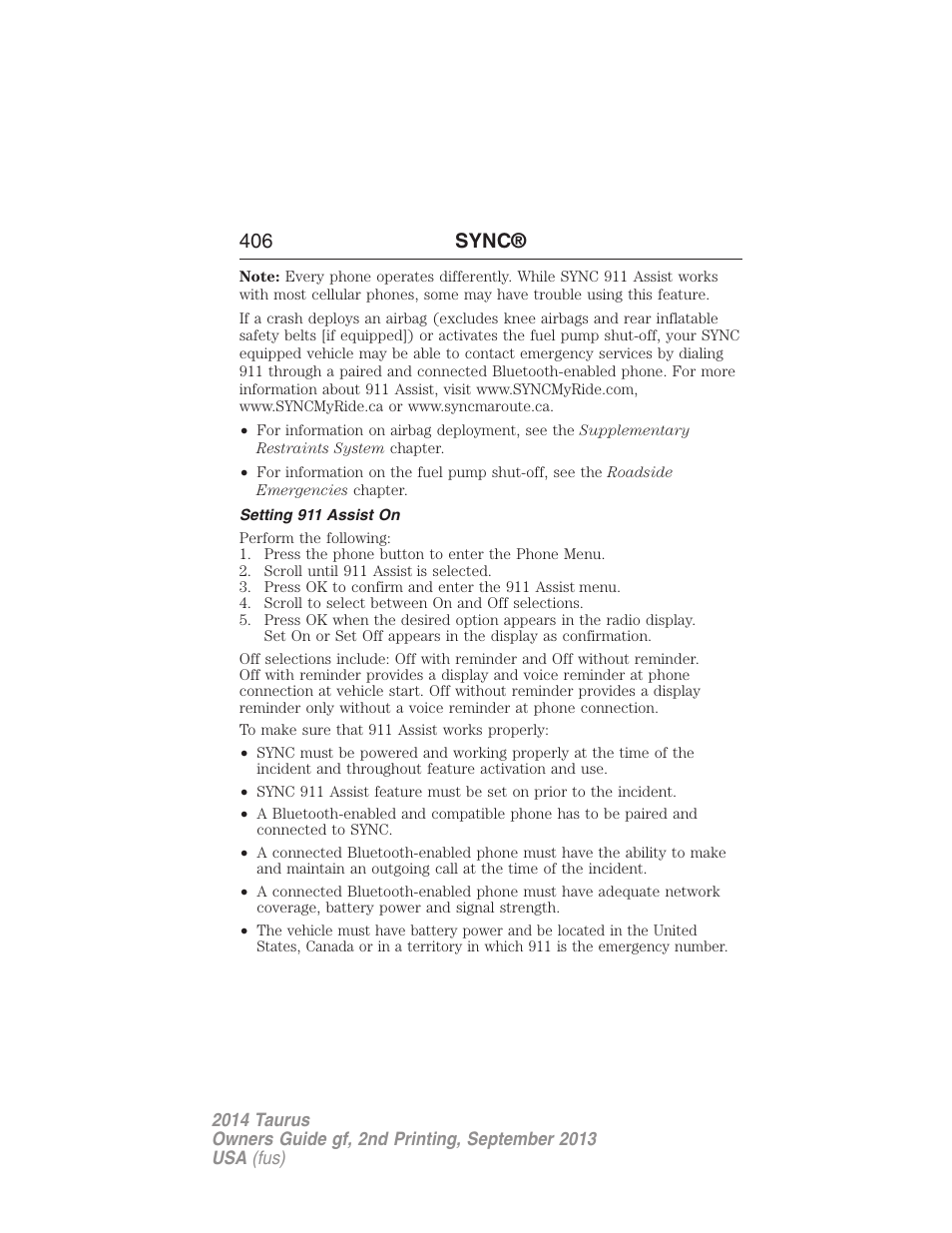 Setting 911 assist on, 406 sync | FORD 2014 Taurus v.2 User Manual | Page 407 / 554