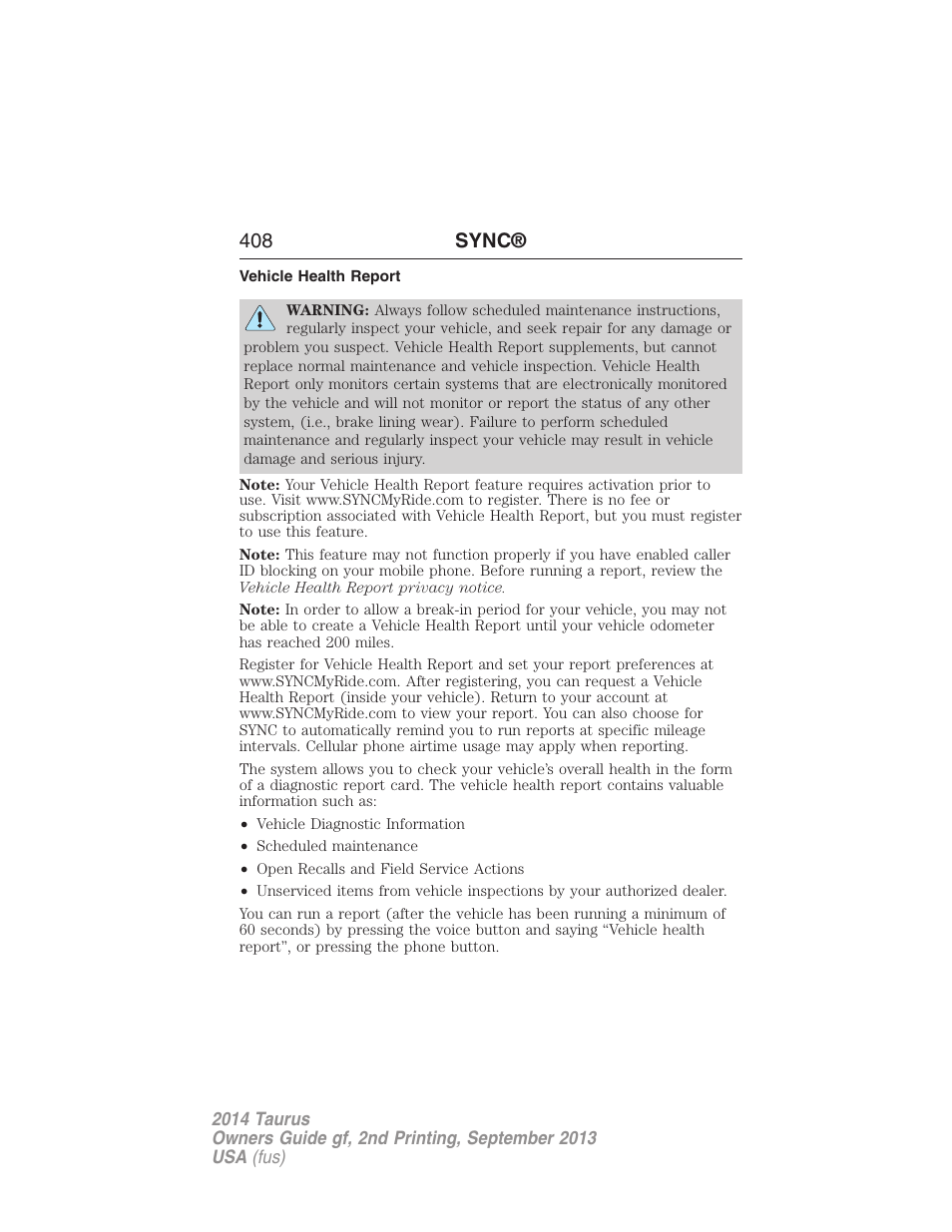 Vehicle health report, 408 sync | FORD 2014 Taurus v.2 User Manual | Page 409 / 554
