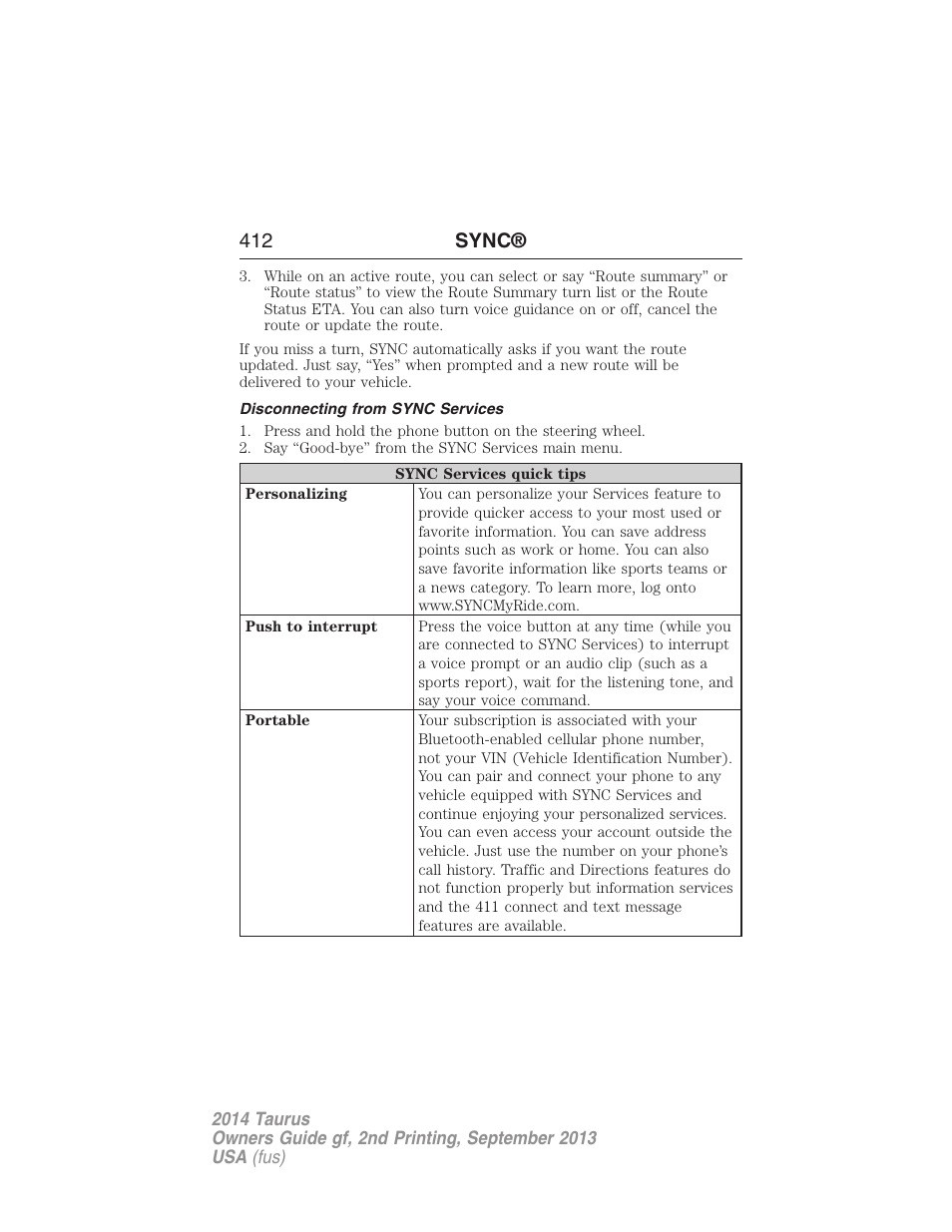 Disconnecting from sync services, 412 sync | FORD 2014 Taurus v.2 User Manual | Page 413 / 554
