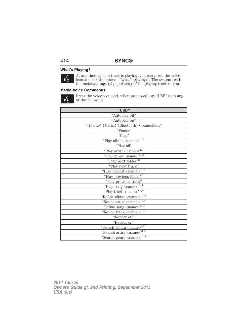 What’s playing, Media voice commands, 414 sync | FORD 2014 Taurus v.2 User Manual | Page 415 / 554