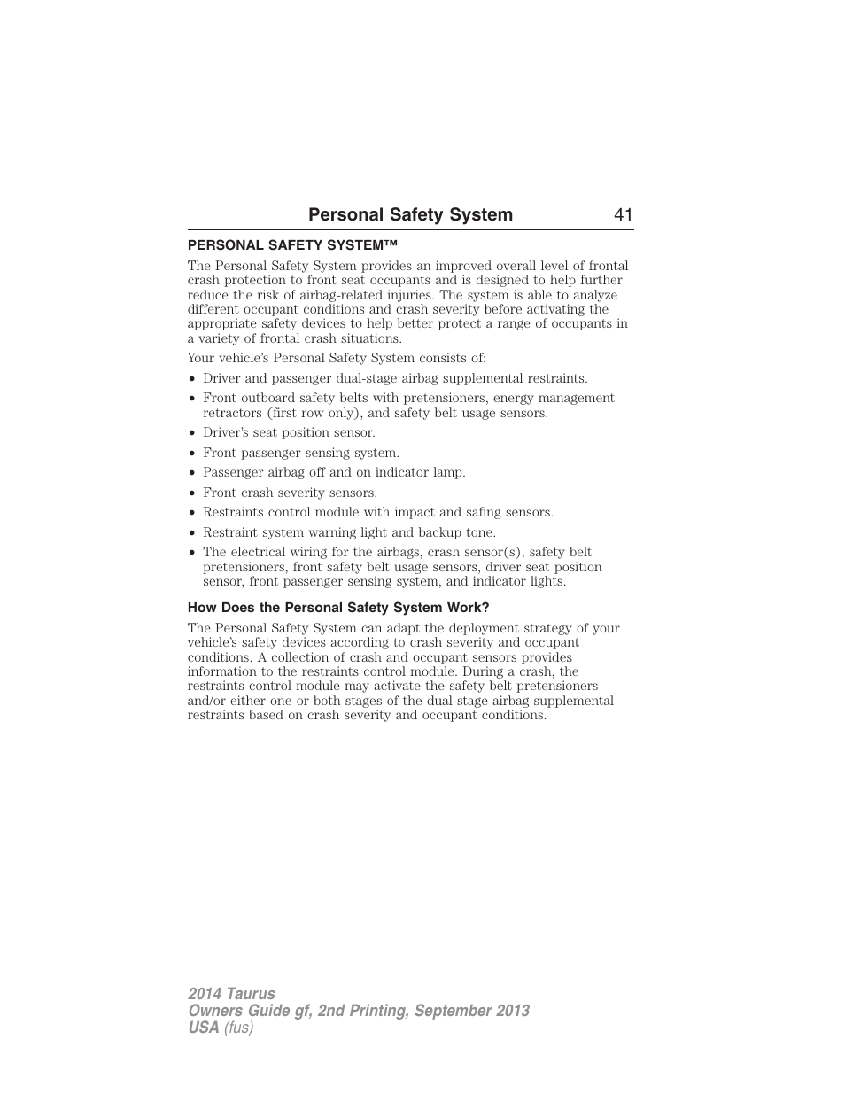 Personal safety system, How does the personal safety system work, Personal safety system 41 | FORD 2014 Taurus v.2 User Manual | Page 42 / 554