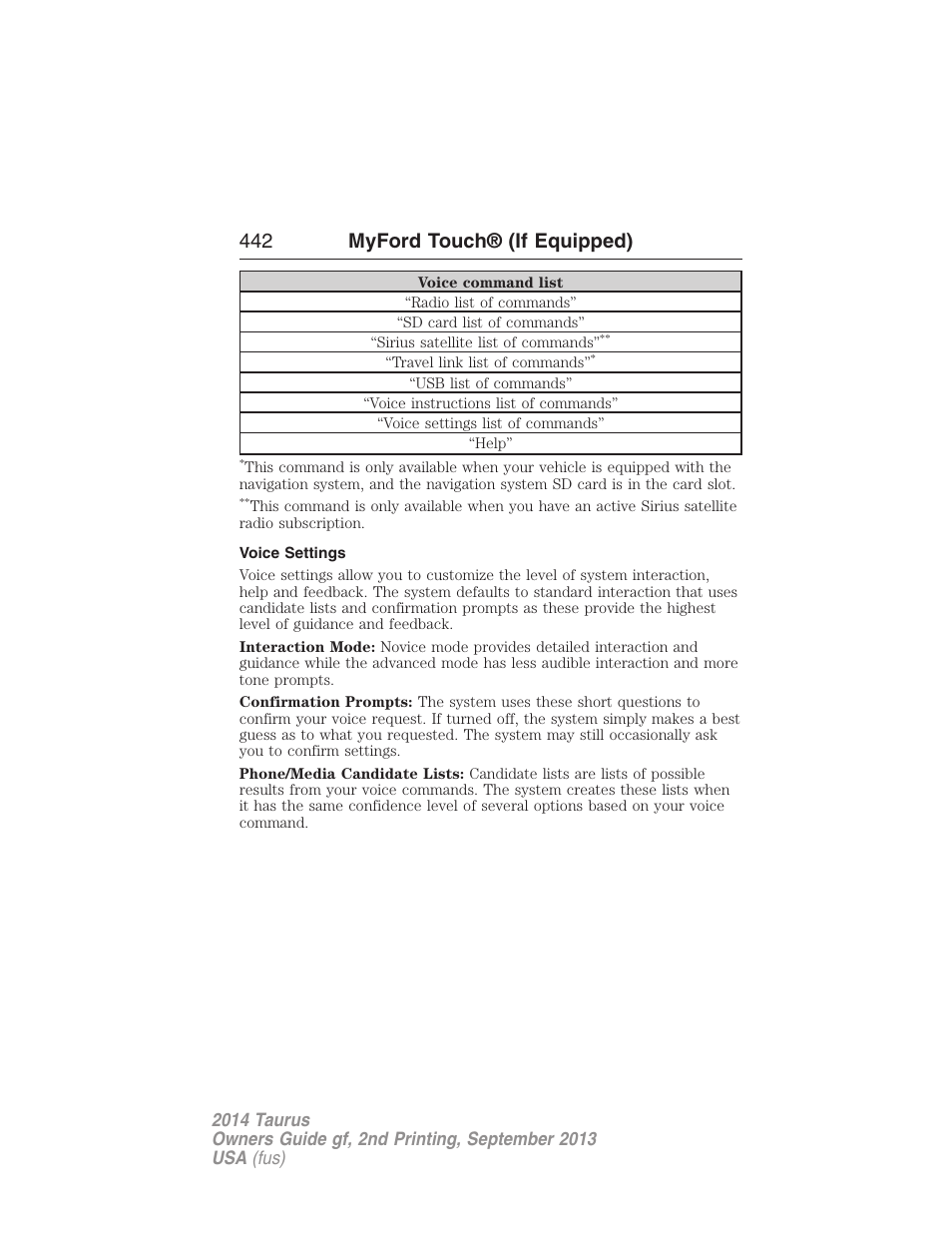 Voice settings, 442 myford touch® (if equipped) | FORD 2014 Taurus v.2 User Manual | Page 443 / 554