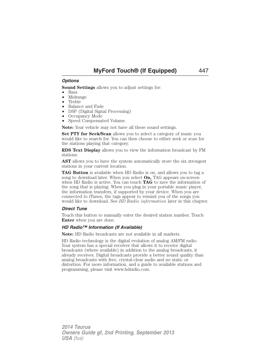 Options, Direct tune, Hd radio™ information (if available) | Myford touch® (if equipped) 447 | FORD 2014 Taurus v.2 User Manual | Page 448 / 554