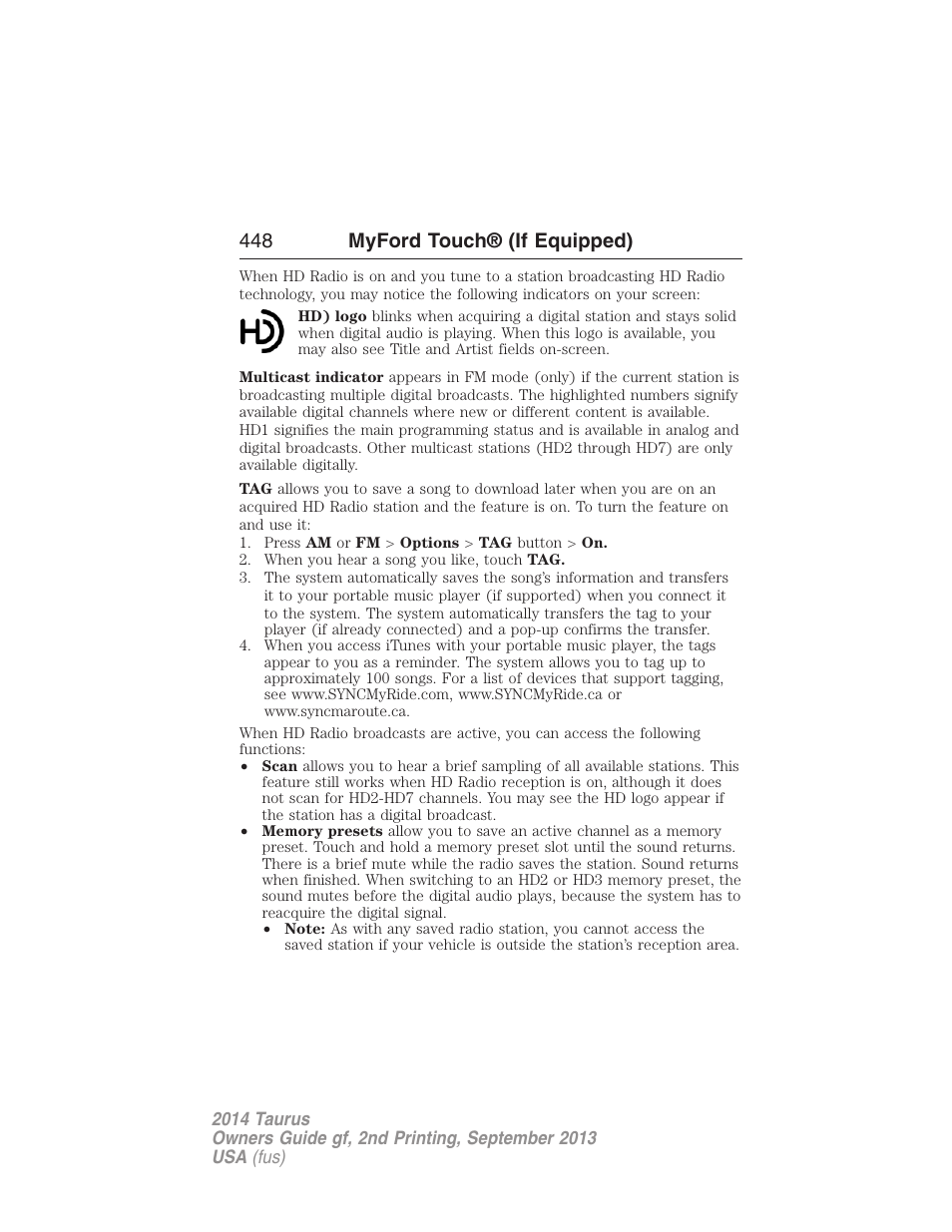 448 myford touch® (if equipped) | FORD 2014 Taurus v.2 User Manual | Page 449 / 554