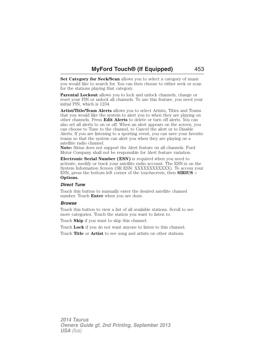Direct tune, Browse, Myford touch® (if equipped) 453 | FORD 2014 Taurus v.2 User Manual | Page 454 / 554