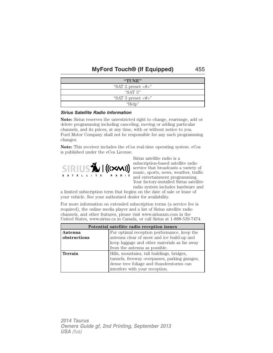 Sirius satellite radio information, Myford touch® (if equipped) 455 | FORD 2014 Taurus v.2 User Manual | Page 456 / 554