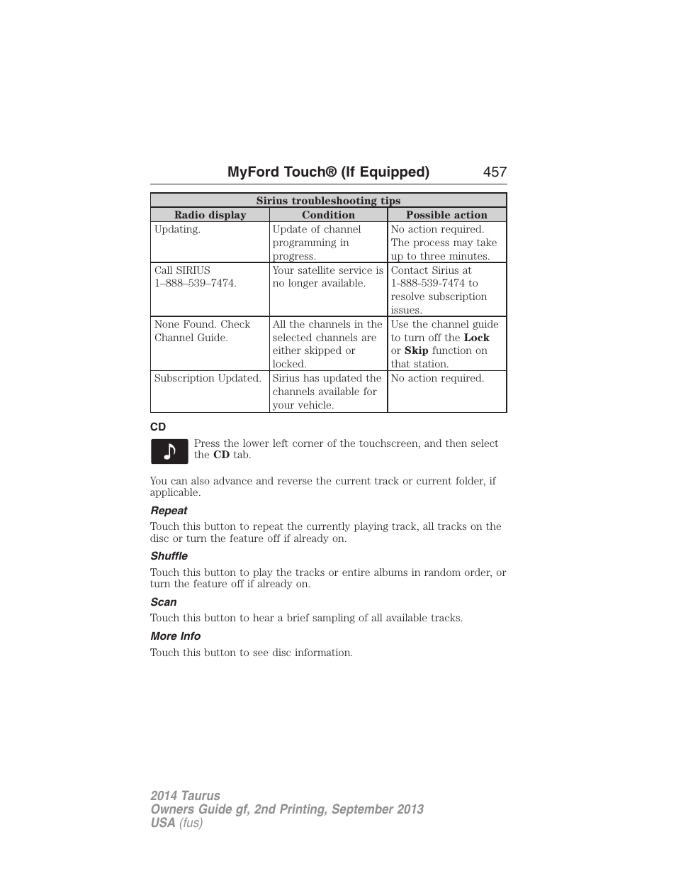 Repeat, Shuffle, Scan | More info, Myford touch® (if equipped) 457 | FORD 2014 Taurus v.2 User Manual | Page 458 / 554