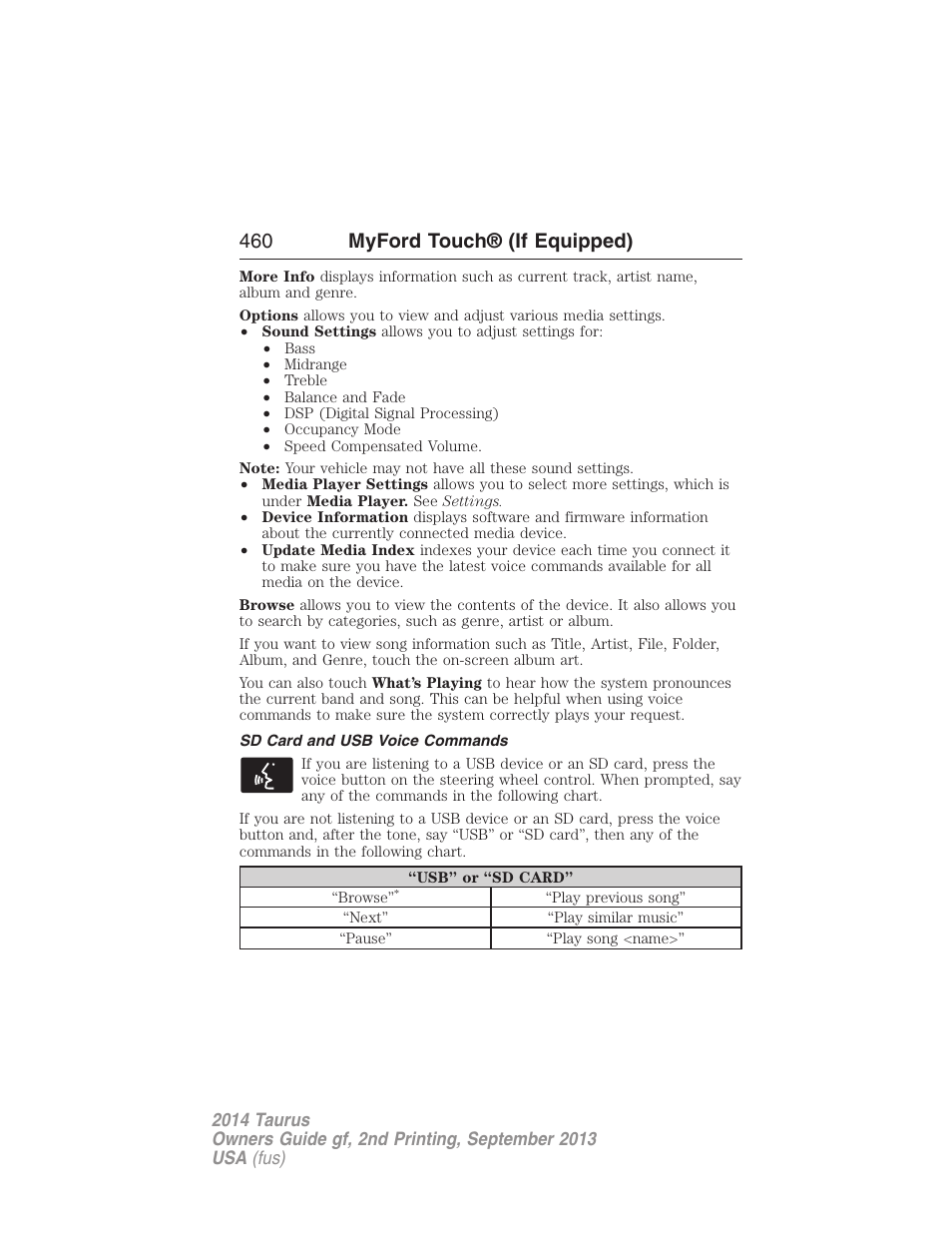 Sd card and usb voice commands, 460 myford touch® (if equipped) | FORD 2014 Taurus v.2 User Manual | Page 461 / 554