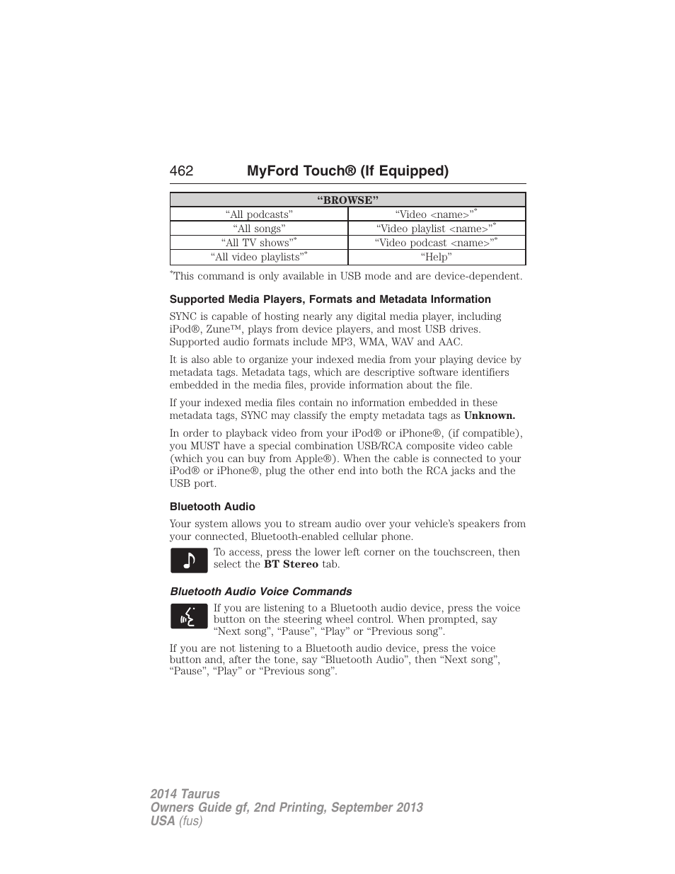 Bluetooth audio, Bluetooth audio voice commands, 462 myford touch® (if equipped) | FORD 2014 Taurus v.2 User Manual | Page 463 / 554