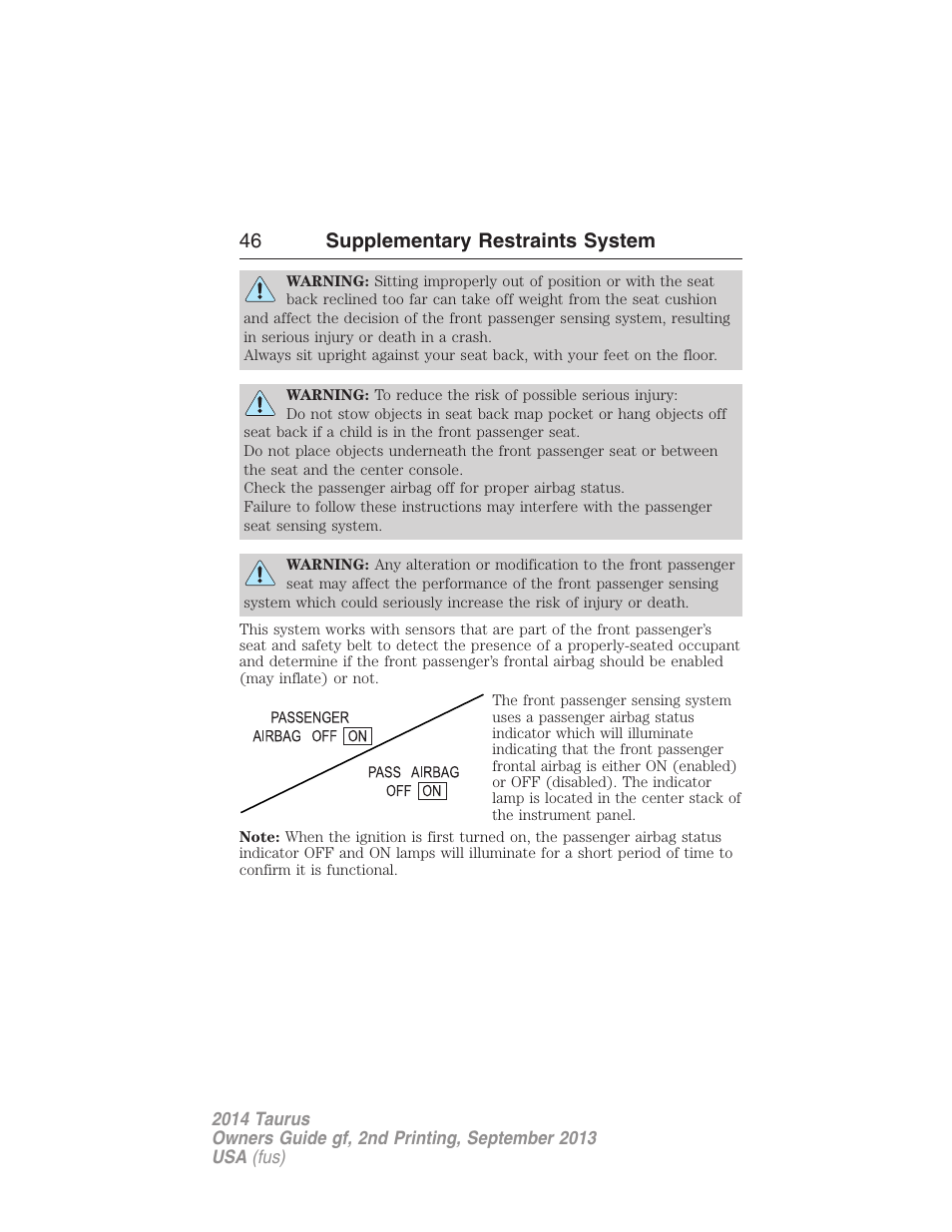 46 supplementary restraints system | FORD 2014 Taurus v.2 User Manual | Page 47 / 554