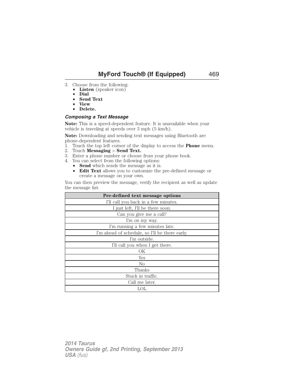 Composing a text message, Myford touch® (if equipped) 469 | FORD 2014 Taurus v.2 User Manual | Page 470 / 554