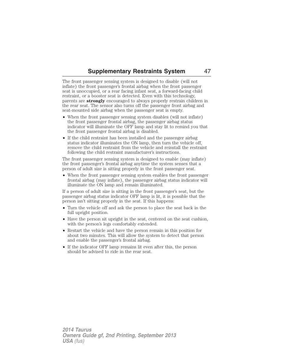 Supplementary restraints system 47 | FORD 2014 Taurus v.2 User Manual | Page 48 / 554