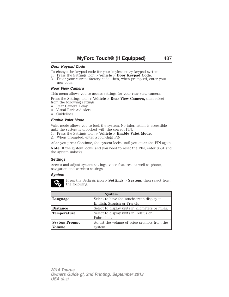 Door keypad code, Rear view camera, Enable valet mode | Settings, System, Myford touch® (if equipped) 487 | FORD 2014 Taurus v.2 User Manual | Page 488 / 554