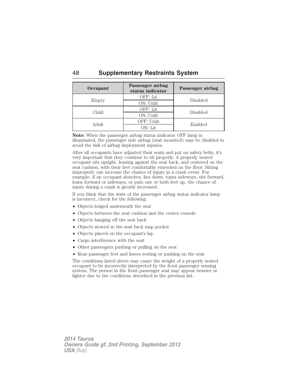 48 supplementary restraints system | FORD 2014 Taurus v.2 User Manual | Page 49 / 554
