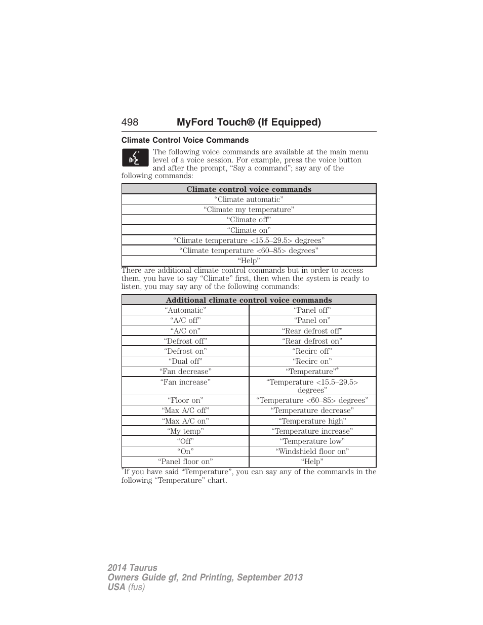 Climate control voice commands, 498 myford touch® (if equipped) | FORD 2014 Taurus v.2 User Manual | Page 499 / 554