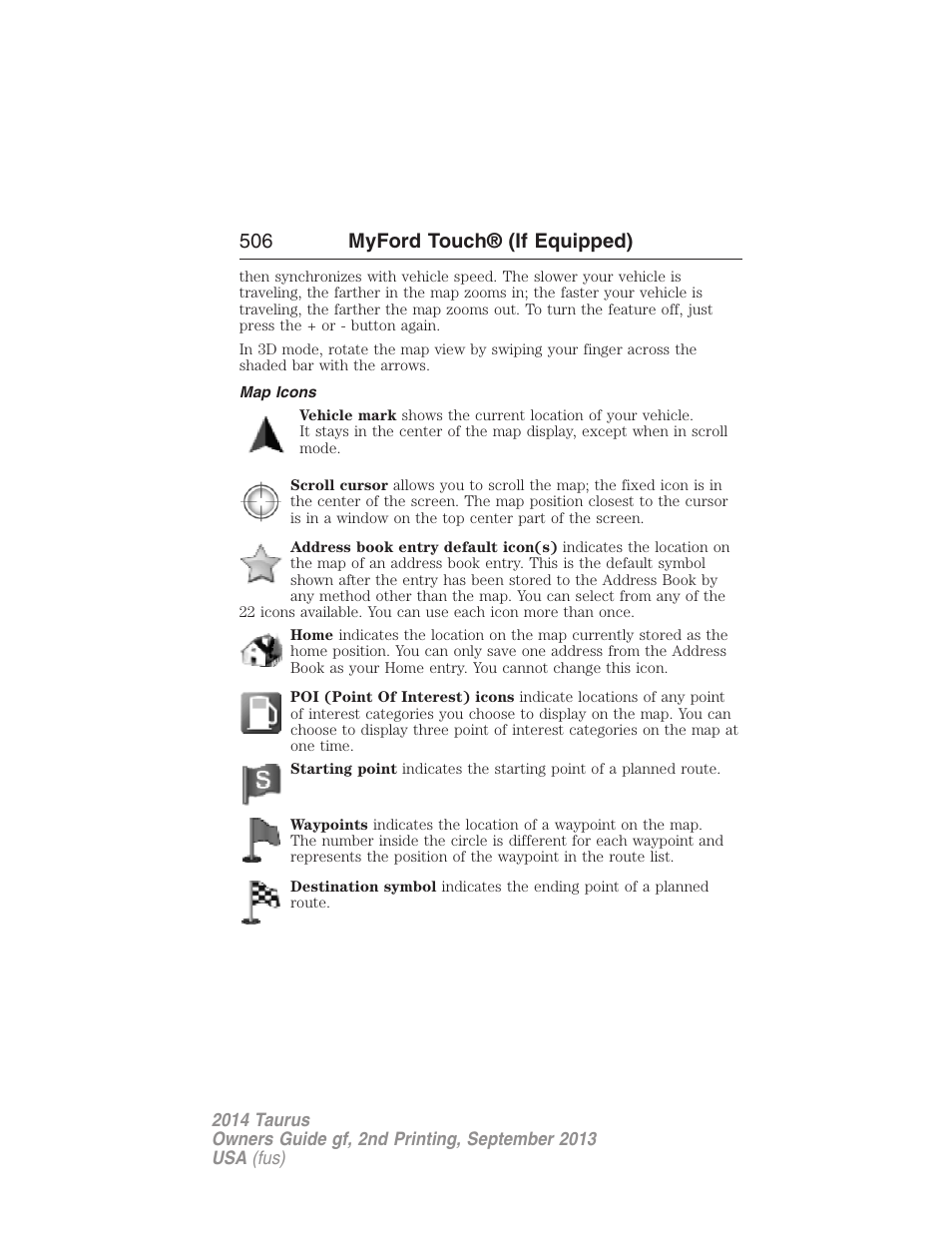 Map icons, 506 myford touch® (if equipped) | FORD 2014 Taurus v.2 User Manual | Page 507 / 554
