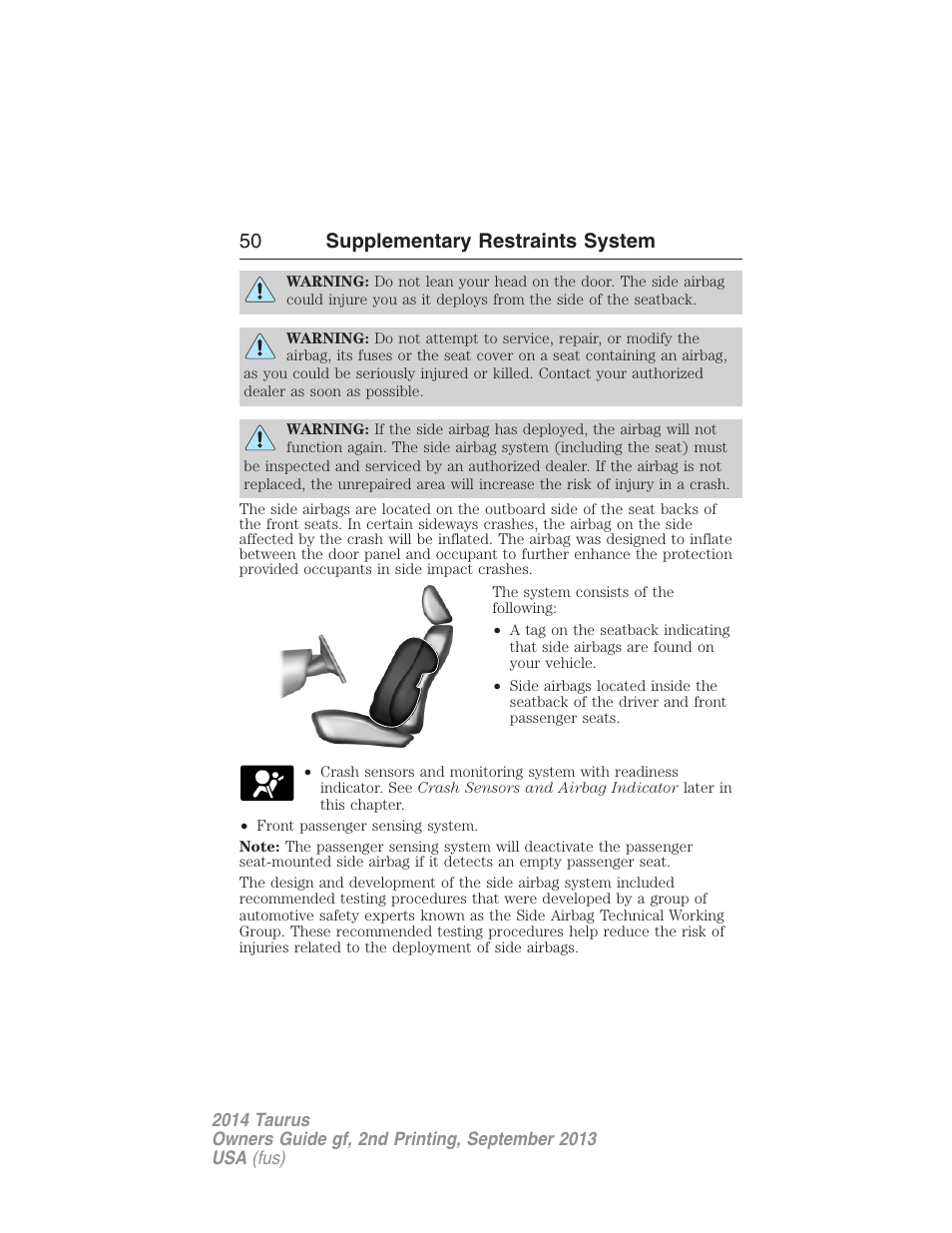 50 supplementary restraints system | FORD 2014 Taurus v.2 User Manual | Page 51 / 554