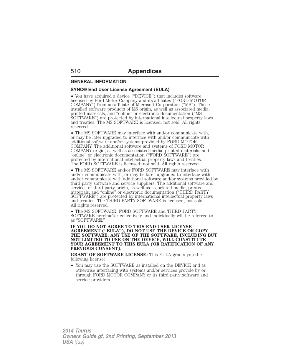 Appendices, General information, Sync® end user license agreement (eula) | 510 appendices | FORD 2014 Taurus v.2 User Manual | Page 511 / 554
