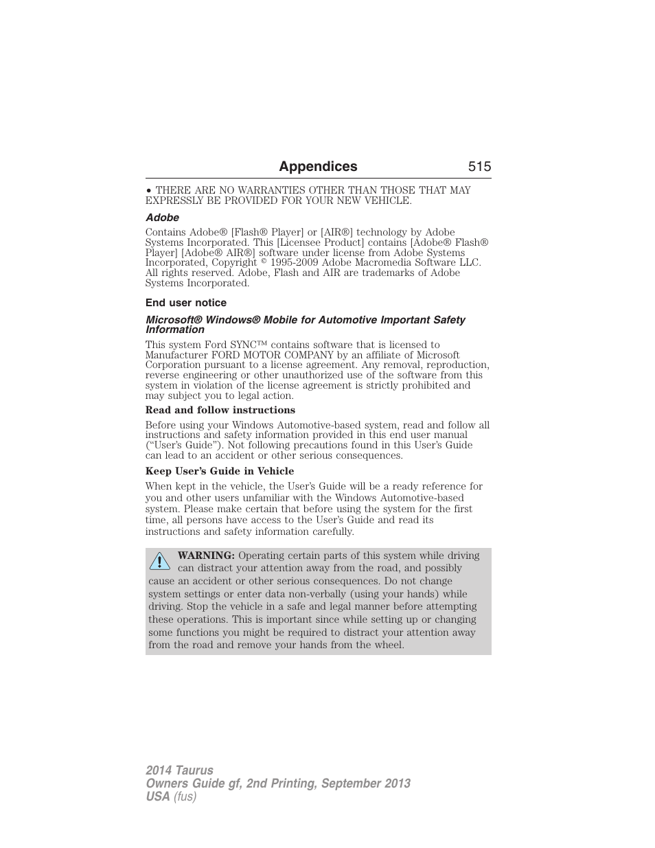 Adobe, End user notice, Appendices 515 | FORD 2014 Taurus v.2 User Manual | Page 516 / 554
