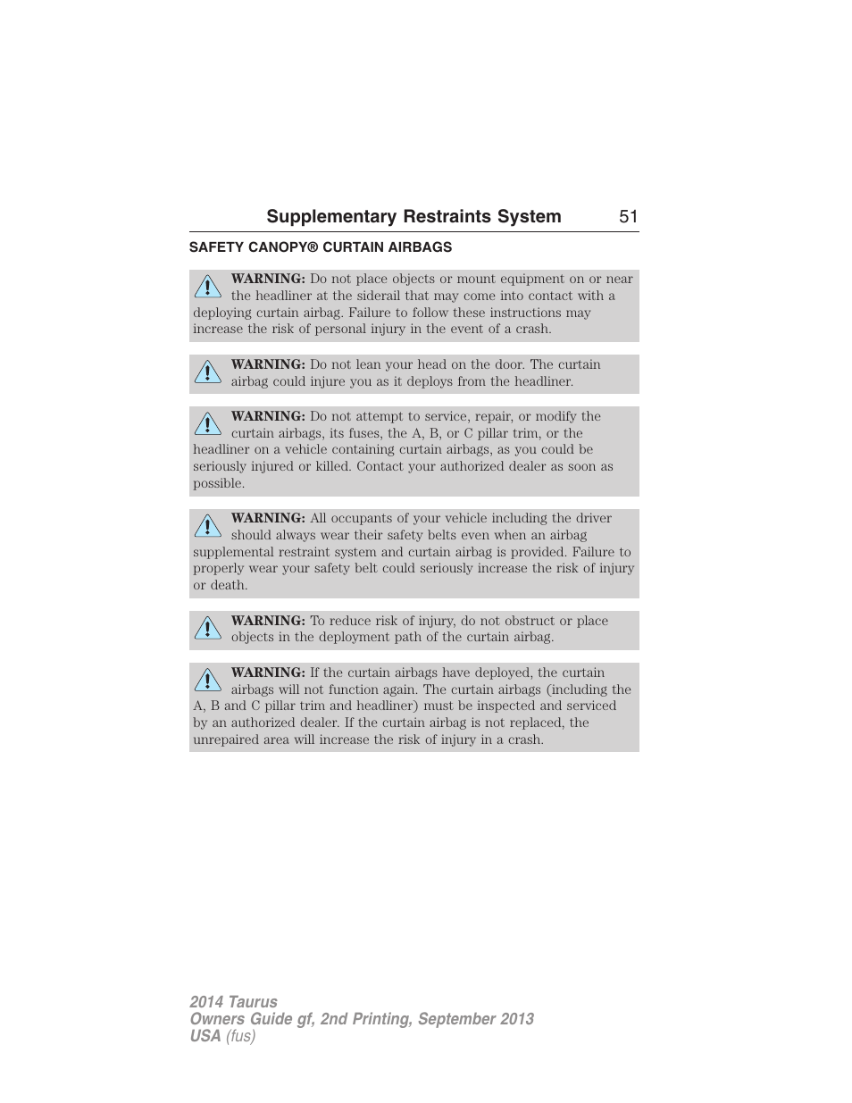 Safety canopy® curtain airbags, Safety canopy curtain airbags, Supplementary restraints system 51 | FORD 2014 Taurus v.2 User Manual | Page 52 / 554