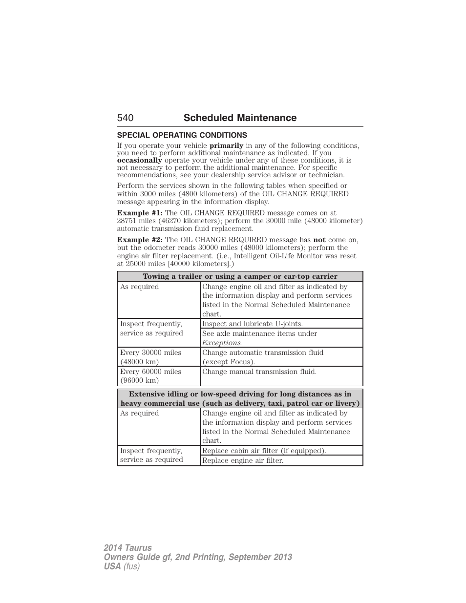 Special operating conditions, 540 scheduled maintenance | FORD 2014 Taurus v.2 User Manual | Page 541 / 554