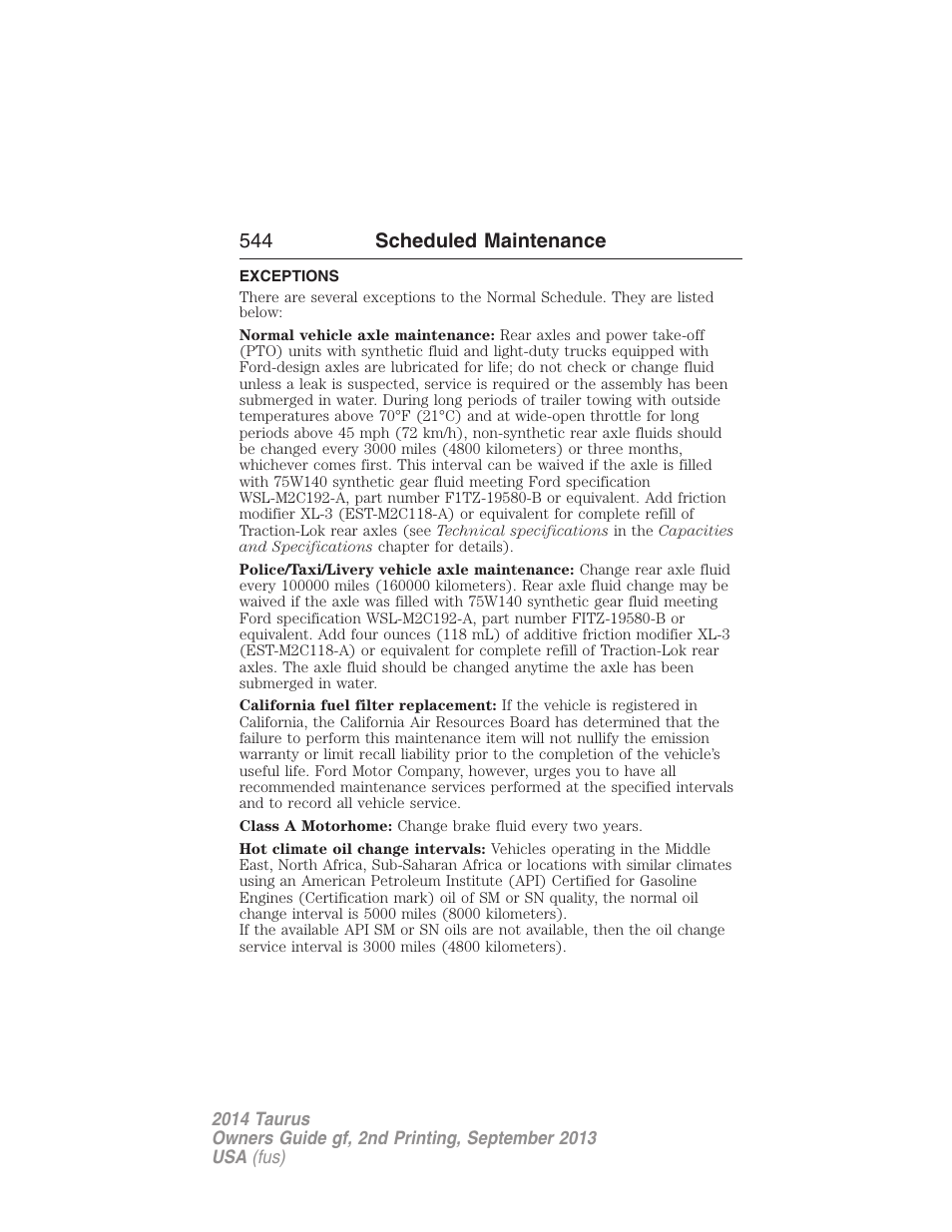 Exceptions, 544 scheduled maintenance | FORD 2014 Taurus v.2 User Manual | Page 545 / 554