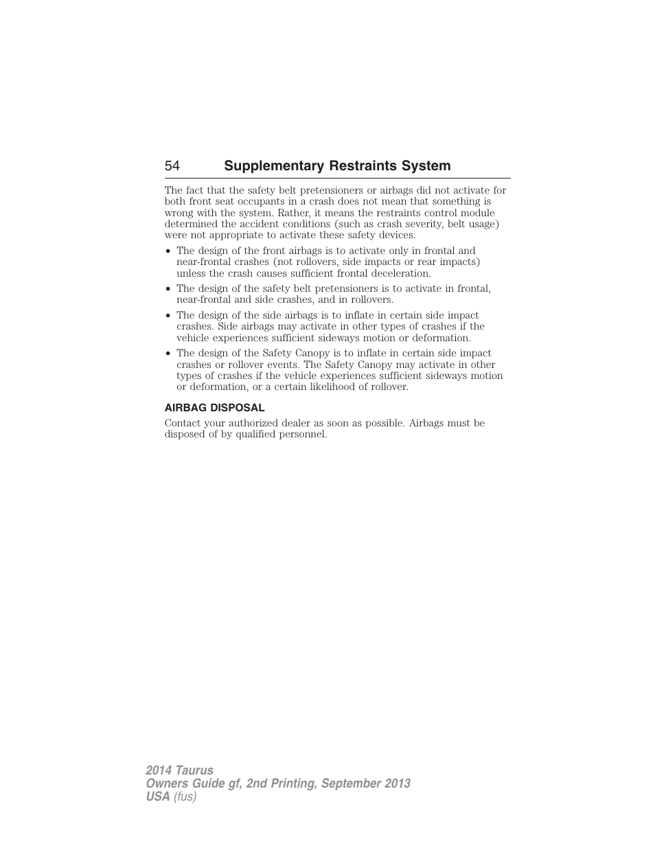 Airbag disposal, 54 supplementary restraints system | FORD 2014 Taurus v.2 User Manual | Page 55 / 554