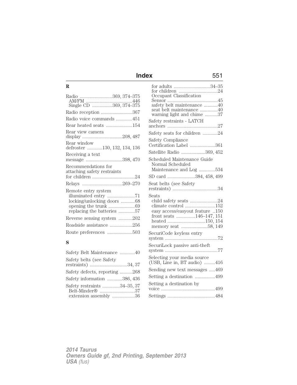 Index 551 | FORD 2014 Taurus v.2 User Manual | Page 552 / 554