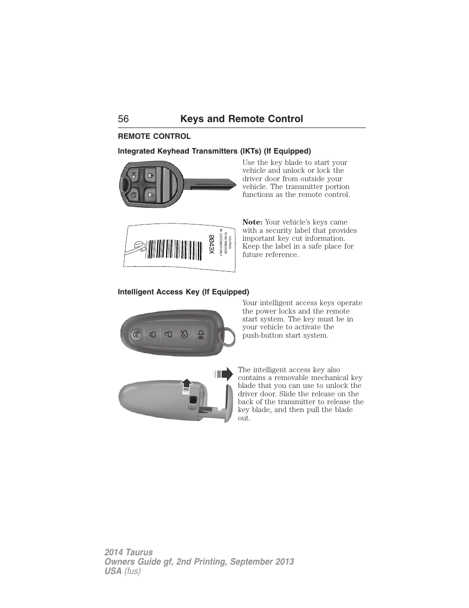 Remote control, Intelligent access key (if equipped), Keys | 56 keys and remote control | FORD 2014 Taurus v.2 User Manual | Page 57 / 554