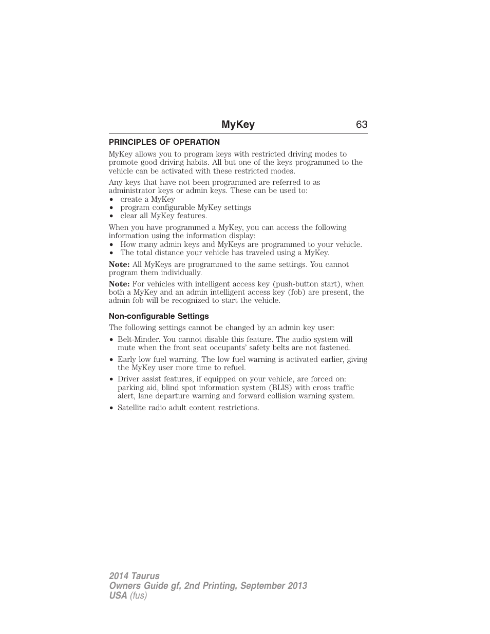 Mykey, Principles of operation, Non-configurable settings | Settings, mykey, Mykey 63 | FORD 2014 Taurus v.2 User Manual | Page 64 / 554