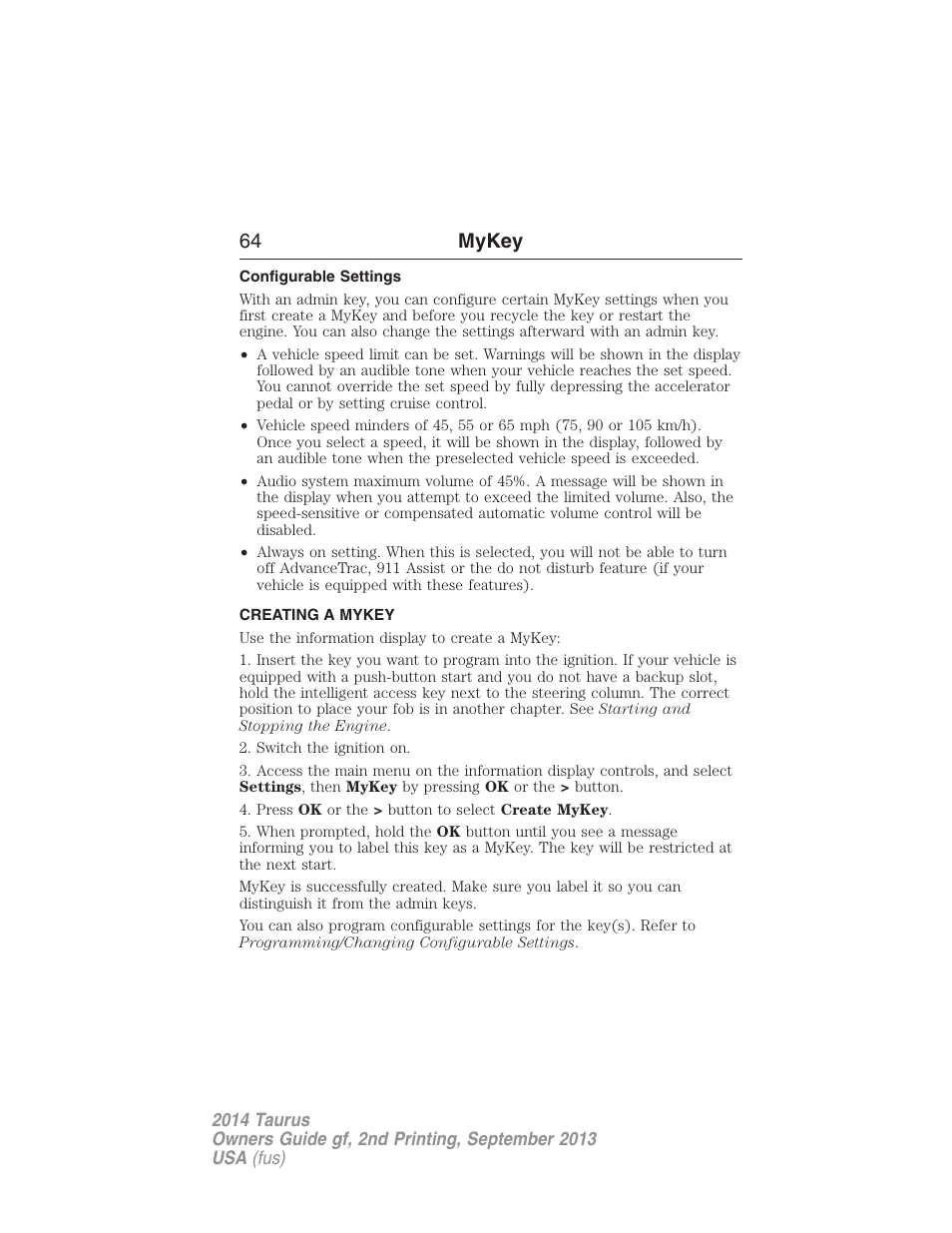 Configurable settings, Creating a mykey, Creating | 64 mykey | FORD 2014 Taurus v.2 User Manual | Page 65 / 554