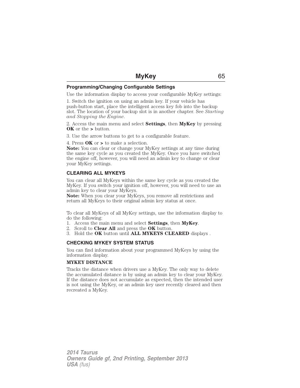 Programming/changing configurable settings, Clearing all mykeys, Checking mykey system status | Clearing, System status, Mykey 65 | FORD 2014 Taurus v.2 User Manual | Page 66 / 554