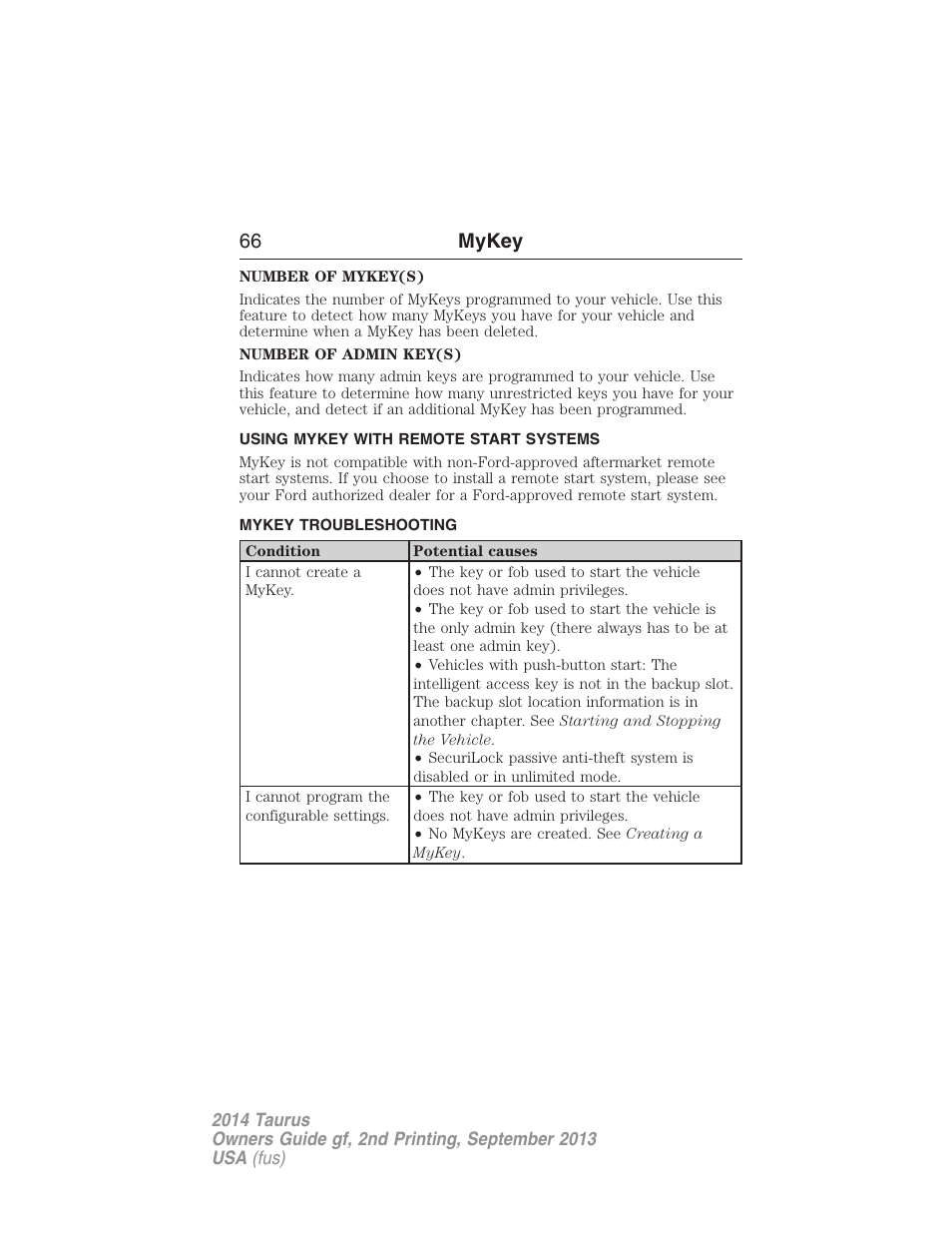 Using mykey with remote start systems, Mykey troubleshooting, Remote start, mykey | Troubleshooting, mykey, 66 mykey | FORD 2014 Taurus v.2 User Manual | Page 67 / 554