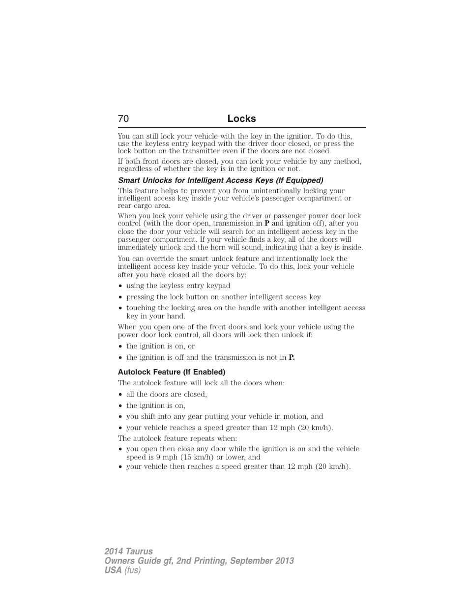 Autolock feature (if enabled), 70 locks | FORD 2014 Taurus v.2 User Manual | Page 71 / 554