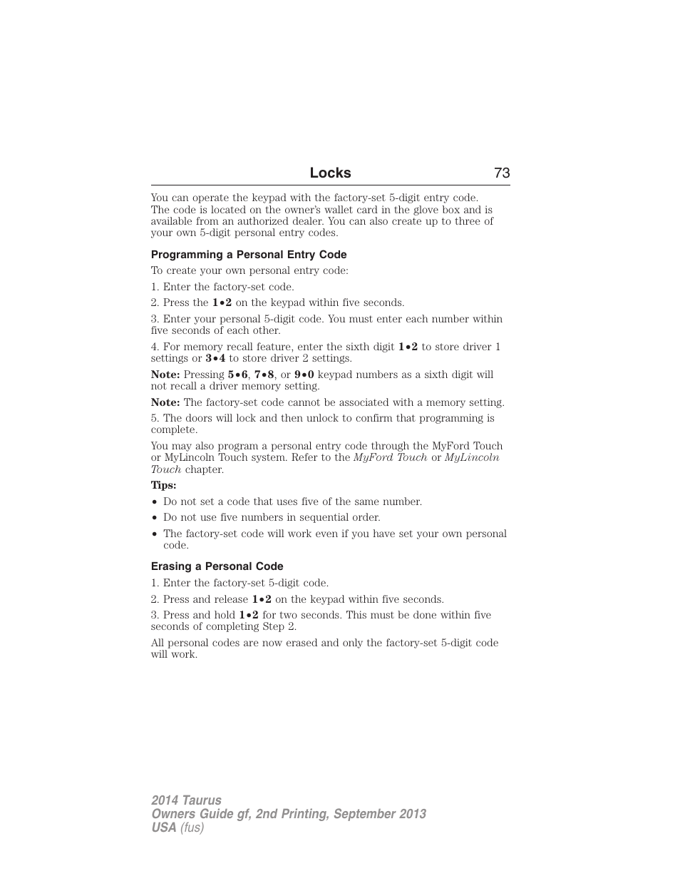 Programming a personal entry code, Erasing a personal code, Locks 73 | FORD 2014 Taurus v.2 User Manual | Page 74 / 554