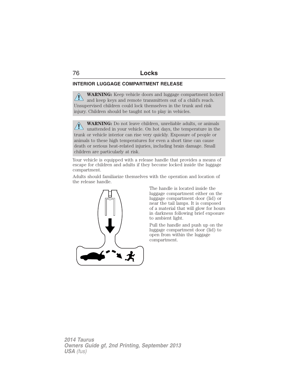 Interior luggage compartment release, 76 locks | FORD 2014 Taurus v.2 User Manual | Page 77 / 554