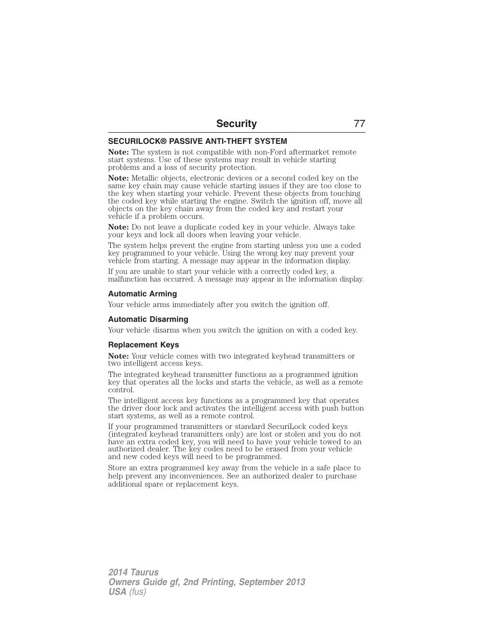 Security, Securilock® passive anti-theft system, Automatic arming | Automatic disarming, Replacement keys, Security 77 | FORD 2014 Taurus v.2 User Manual | Page 78 / 554