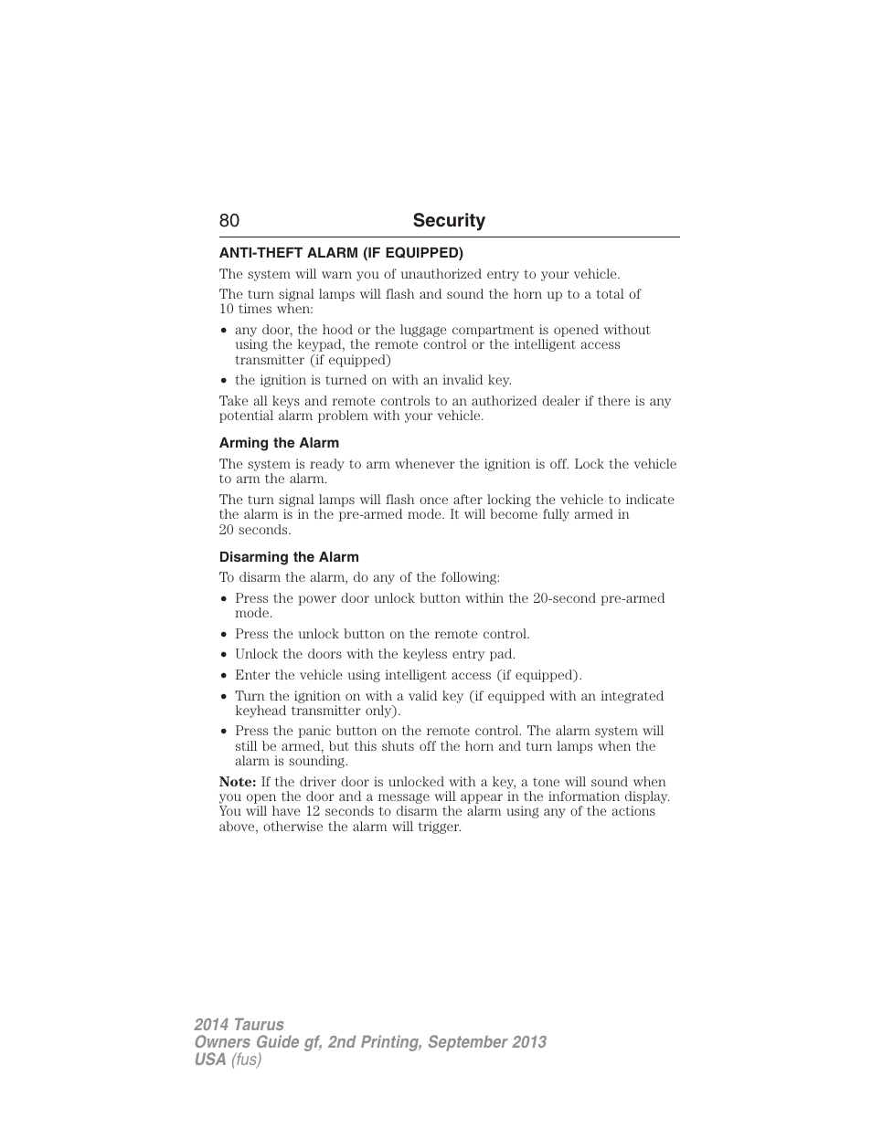 Anti-theft alarm (if equipped), Arming the alarm, Disarming the alarm | Anti-theft alarm, 80 security | FORD 2014 Taurus v.2 User Manual | Page 81 / 554