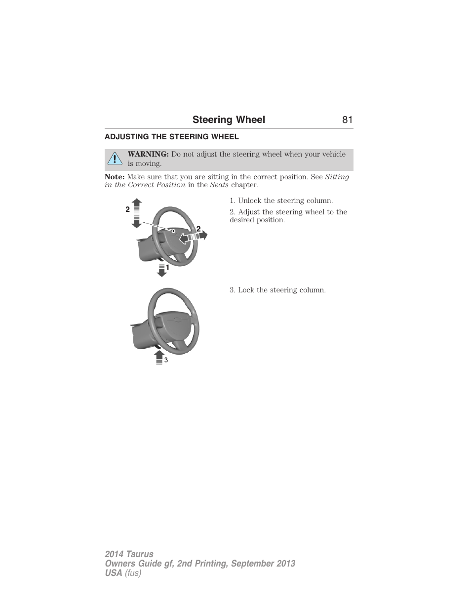 Steering wheel, Adjusting the steering wheel, Steering wheel 81 | FORD 2014 Taurus v.2 User Manual | Page 82 / 554